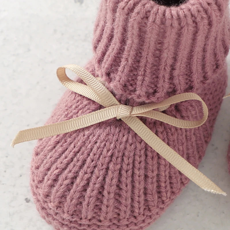 Baby Shoes + Gloves Set Knit Newborn Girls Boys Boots Mitten Fashion Butterfly-knot Toddler Infant Slip-On Bed Shoes Hand Made