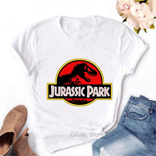 Vintage Jurassic Park T Shirt Women Dinosaur Tee Shirt Femme Summer Geek Top Female White Short Sleeve T-Shirt Cool Streetwear