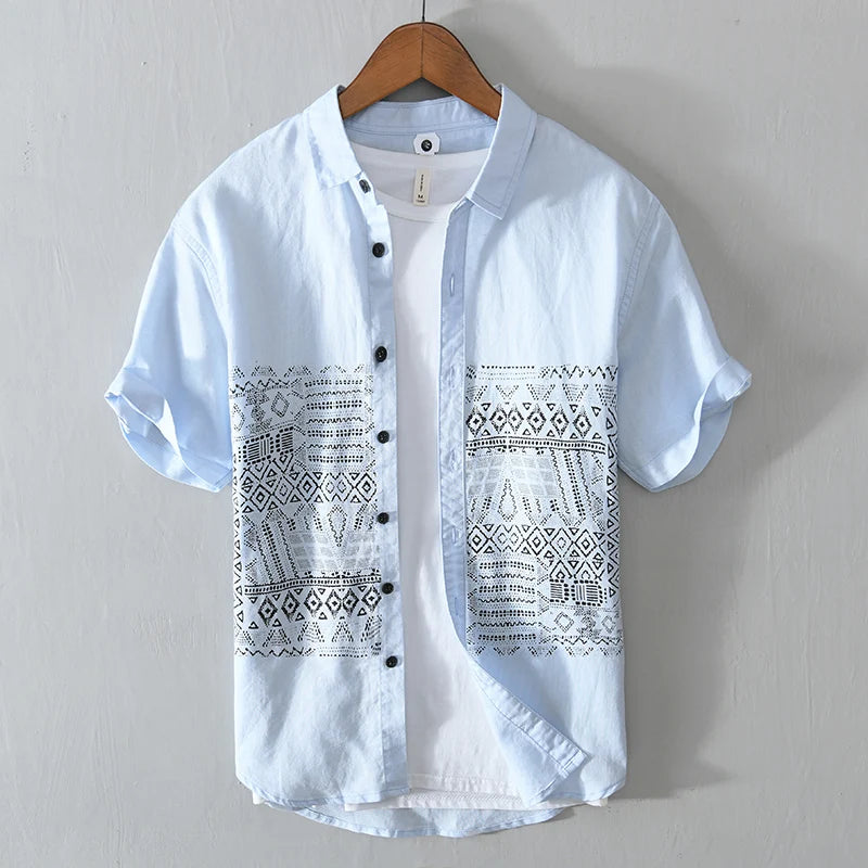 Designer new Chinese style cotton Linen shirt men short sleeve white print shirts for men retro breathable mens clothing tops