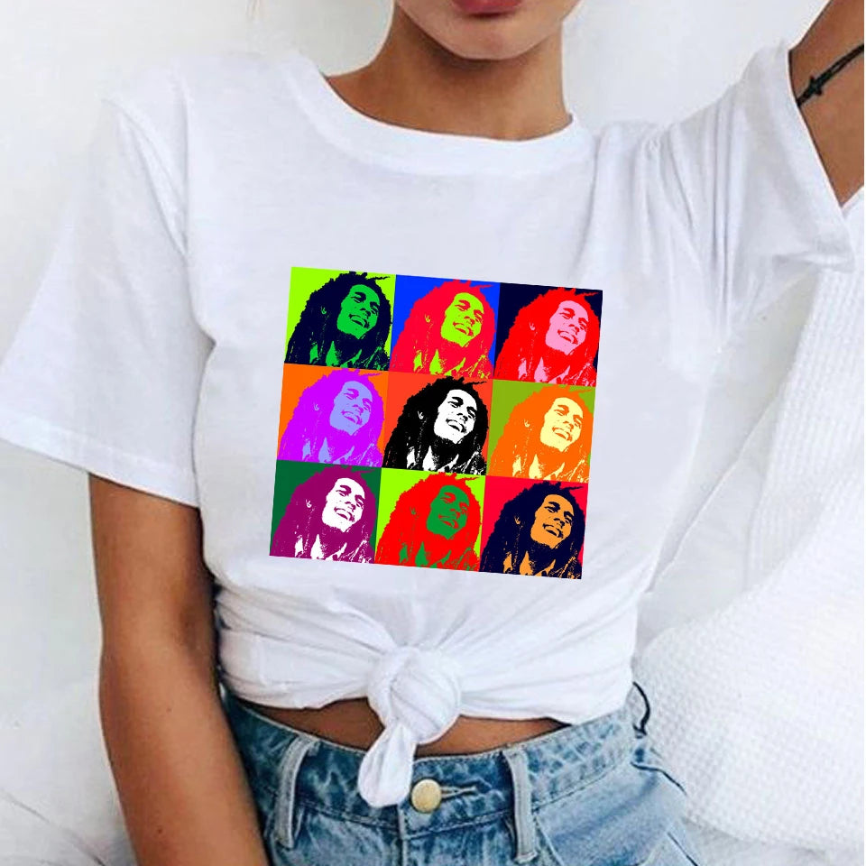 Tops Women Bob Marley Fashion T-Shirts Printed Casual Round Neck Graphic Short Sleeve T-shirts Summer Tops Harajuku Shirt