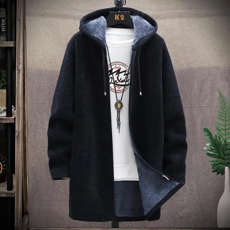 Winter Men Sweater Fleece Cardigan  Jacket Men's Slim Sweaters Winter Long Hooded Sweater Thick Warm Coat Mens Clothing 2022