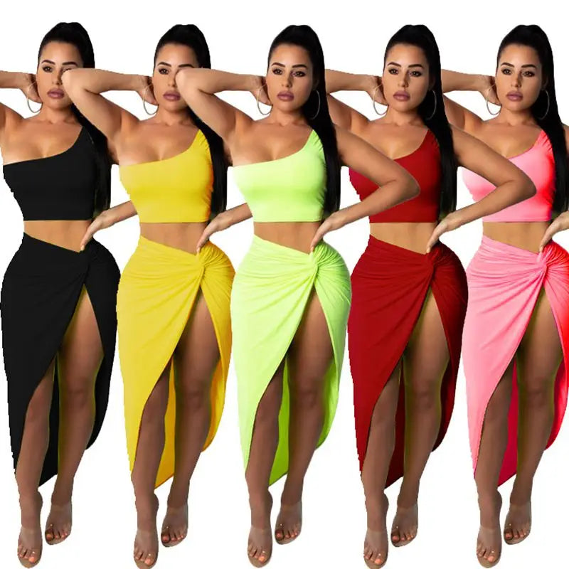 Women irregular skew collar crop top long skirt 2 piece set for women female two pieces sets skirts women's suits