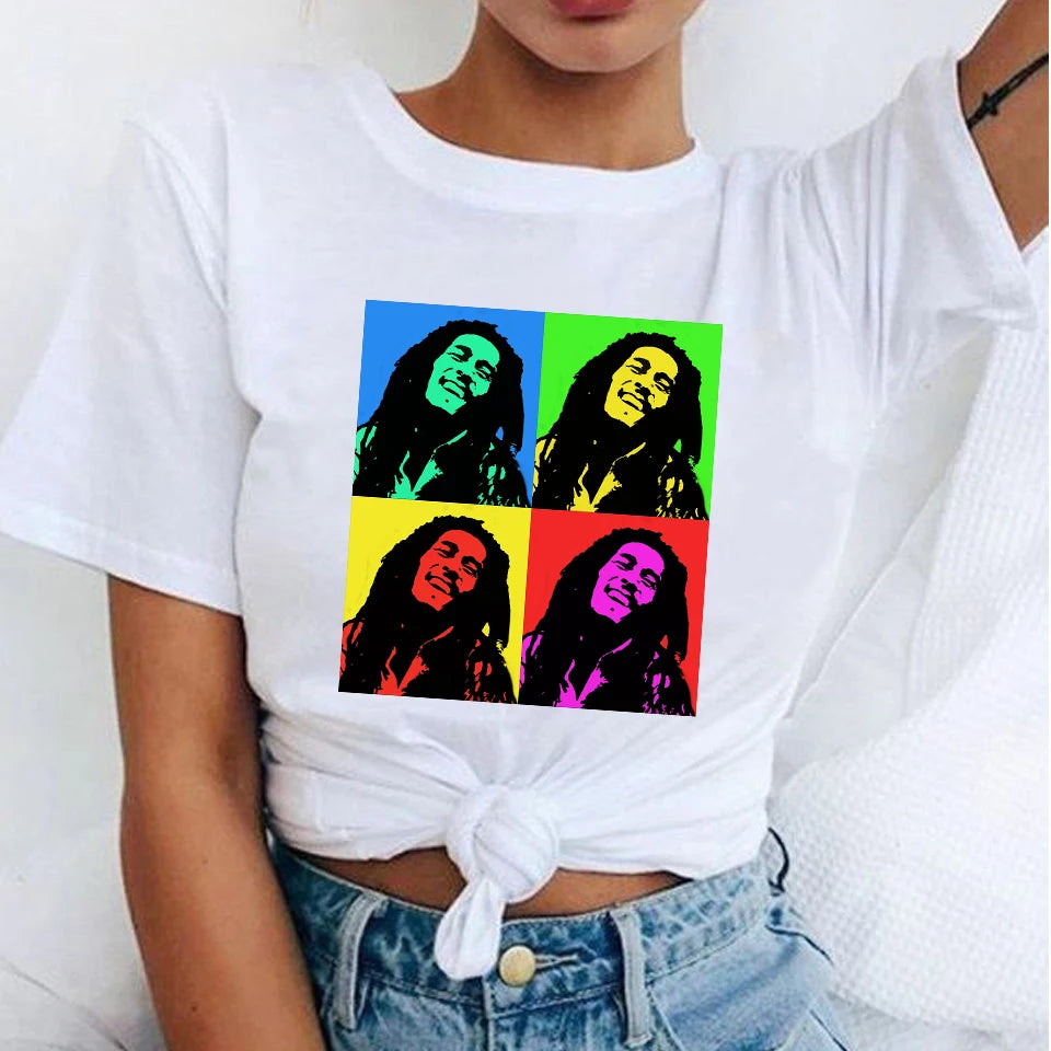 Tops Women Bob Marley Fashion T-Shirts Printed Casual Round Neck Graphic Short Sleeve T-shirts Summer Tops Harajuku Shirt