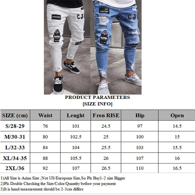 3 Styles Men Stretchy Ripped Skinny Biker Embroidery Print Jeans Destroyed Hole Taped Slim Fit Denim Scratched High Quality Jean