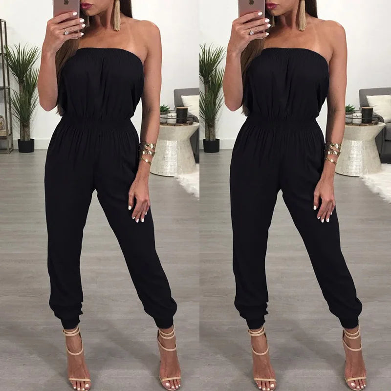 Womens Bandage Evening Party Playsuit Ladies Romper Long Jumpsuit Women Ladies Femal Solid Off Shoulder Jumpsuits Size S-XL