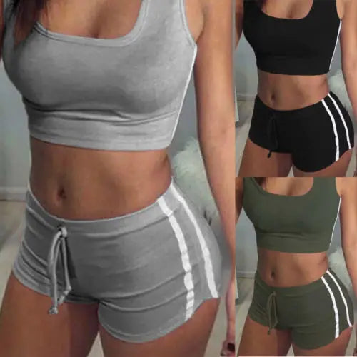 2pcs Women Belt Suit Set Padded Bra Sleeveless Tops Belt Shorts Fitness Running Slim Gym Streetwear Two Pieces Outwear