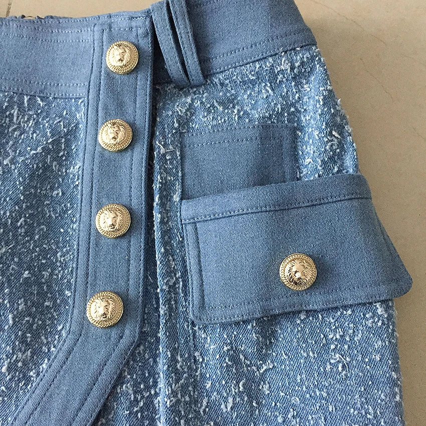 HIGH QUALITY New Stylish 2024 Designer Skirt Women's Metal Lion Buttons Denim Skirt