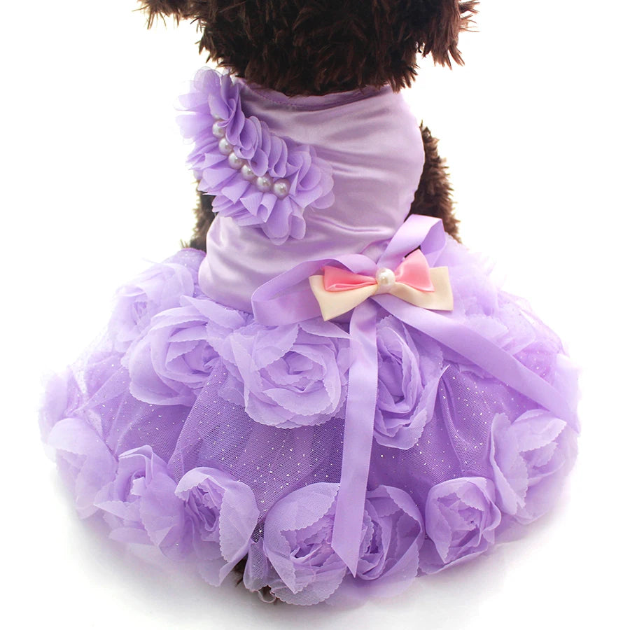 XKSRWE Pet Dog Princess Wedding Dress Tutu Rosette&Bow Dresses Cat Puppy Skirt Spring/Summer Clothes  Apparel 2 Colours