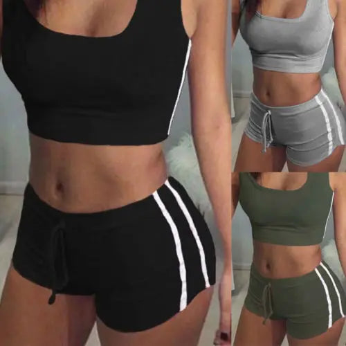 2pcs Women Belt Suit Set Padded Bra Sleeveless Tops Belt Shorts Fitness Running Slim Gym Streetwear Two Pieces Outwear