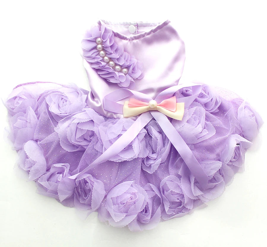 XKSRWE Pet Dog Princess Wedding Dress Tutu Rosette&Bow Dresses Cat Puppy Skirt Spring/Summer Clothes  Apparel 2 Colours