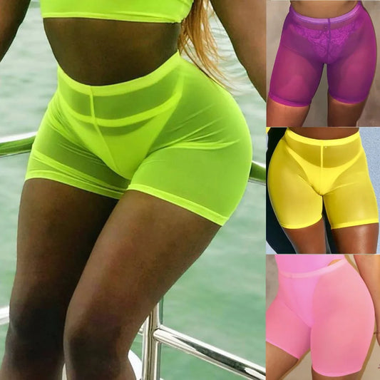 OMSJ 2018 Fashion Multicolors Mesh Transaparent Sexy Women Casual Shorts Womens High Waist Shorts Summer Shorts Sexy Shorts