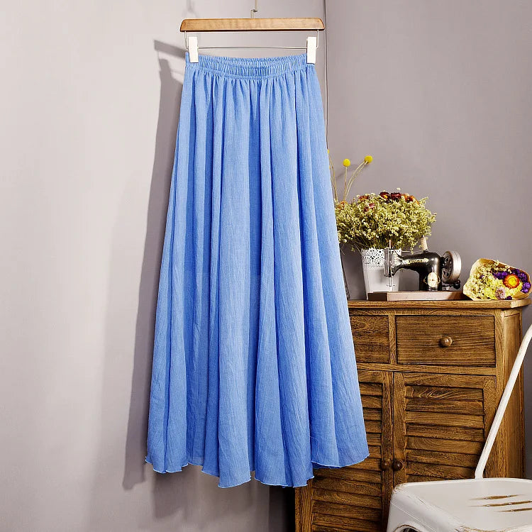 Women's Elegant 16 Color High Waist Elastic Waist Linen Pleated Long Skirts Ladies Slim Casual Skirt Saias New 2022 Summer SK05