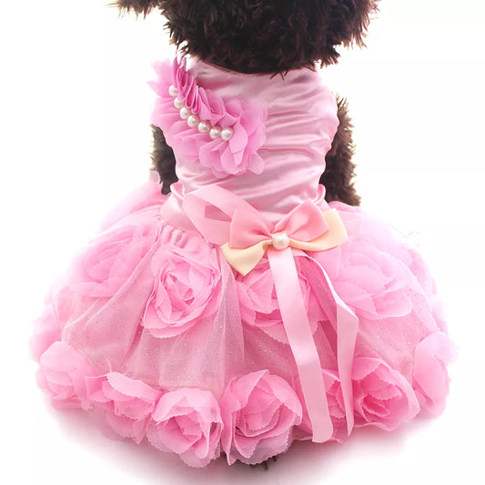 XKSRWE Pet Dog Princess Wedding Dress Tutu Rosette&Bow Dresses Cat Puppy Skirt Spring/Summer Clothes  Apparel 2 Colours