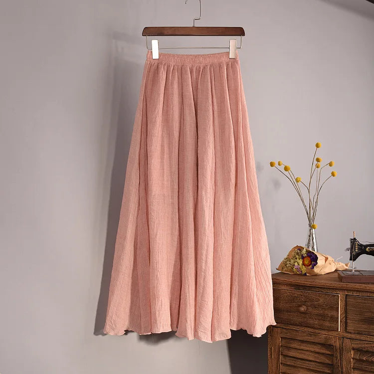 Women's Elegant 16 Color High Waist Elastic Waist Linen Pleated Long Skirts Ladies Slim Casual Skirt Saias New 2022 Summer SK05