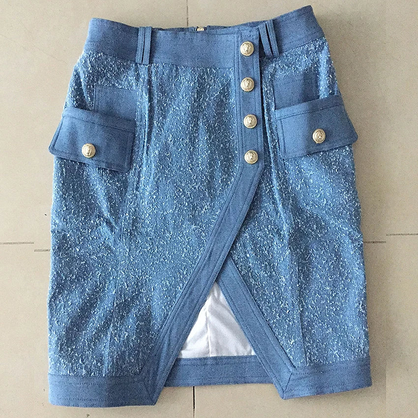 HIGH QUALITY New Stylish 2024 Designer Skirt Women's Metal Lion Buttons Denim Skirt