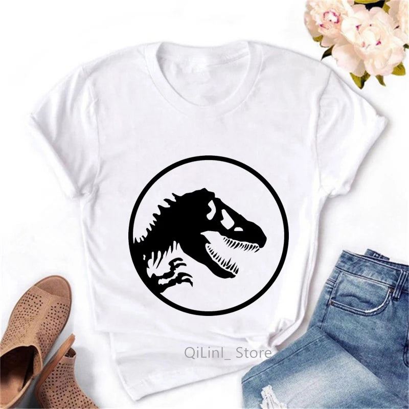 Vintage Jurassic Park T Shirt Women Dinosaur Tee Shirt Femme Summer Geek Top Female White Short Sleeve T-Shirt Cool Streetwear