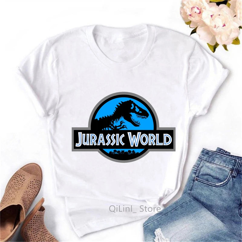 Vintage Jurassic Park T Shirt Women Dinosaur Tee Shirt Femme Summer Geek Top Female White Short Sleeve T-Shirt Cool Streetwear