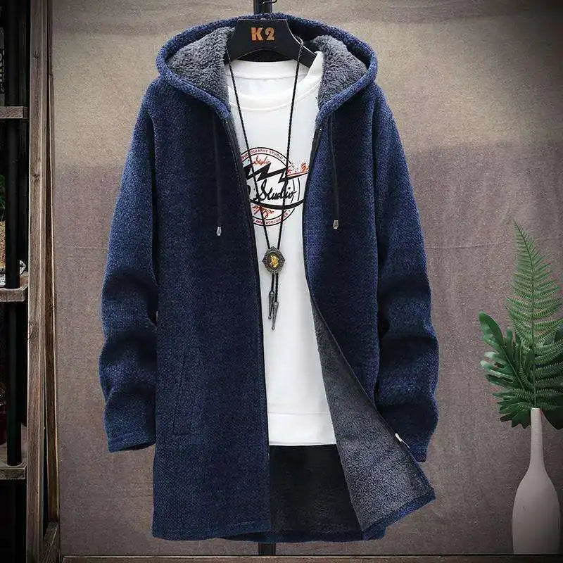 Winter Men Sweater Fleece Cardigan  Jacket Men's Slim Sweaters Winter Long Hooded Sweater Thick Warm Coat Mens Clothing 2022