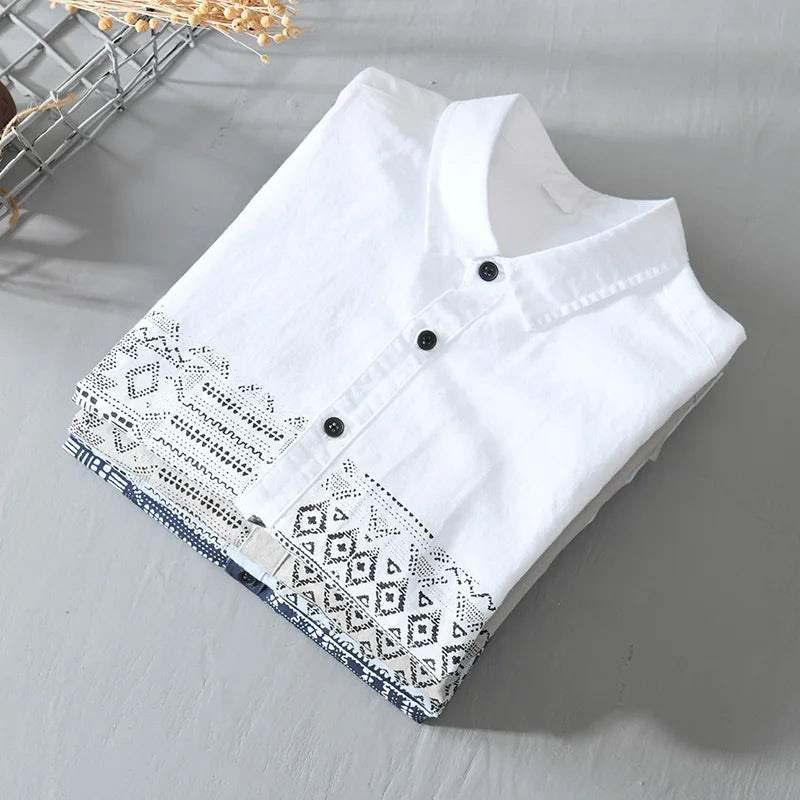 Designer new Chinese style cotton Linen shirt men short sleeve white print shirts for men retro breathable mens clothing tops