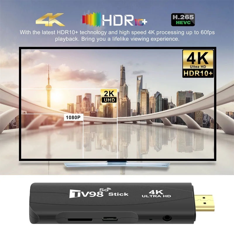 TV98 Ultra HD TV Stick Android 12.1 4K Smart TV Box 2.4G 5G WiFi H.265 Network Media Player Set Top Box