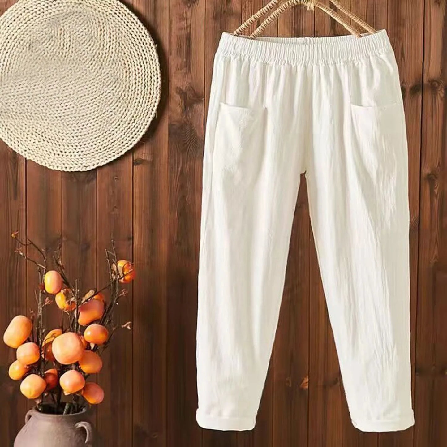 Cotton Linen Pants Women Spring Summer Large Size Solid Color Harem Pants Elastic Waist Loose Casual Woman's Linen Trousers