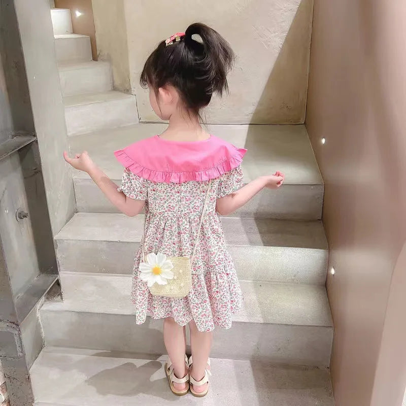 2PCS Summer Yellow Floral Child Little Girls Clothing Casual Midi Dress +Bag Children Dresses For Teens Party Princess Sundress