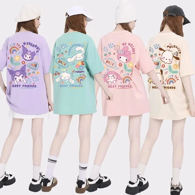 Sanrio Kuromi Cinnamoroll Cotton Round Neck T-shirt Cartoon my melody Pochacco printing Summer New Short Sleeved For Women