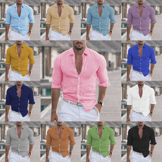 2024 spring/summer new men's cotton linen lapel beach shirt long sleeve solid color Hawaii holiday wear