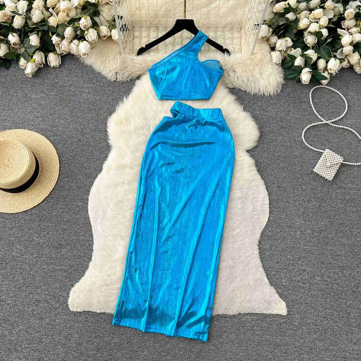 Summer Women Sexy 2 Pieces Sets Shiny Blue One Shoulder Sleeveless Crop Top And Hollow High Elastic Waist Split Long Skirt Suits