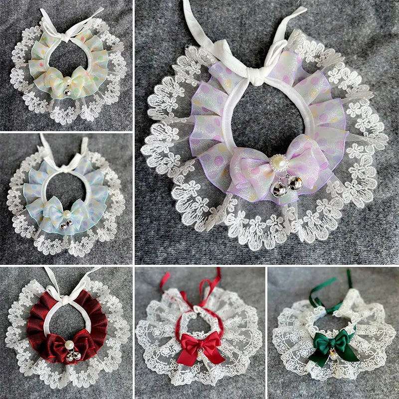 1PC Lace Bowknot Collar Cat Dog Neckerchief Pet Kitten Dog Puppy String Bib Necklace Necktie Neck Strap Mesh Embroidery Scarf