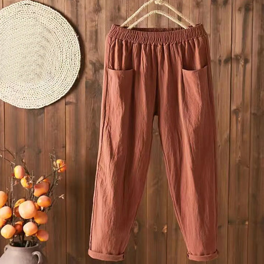 Cotton Linen Pants Women Spring Summer Large Size Solid Color Harem Pants Elastic Waist Loose Casual Woman's Linen Trousers