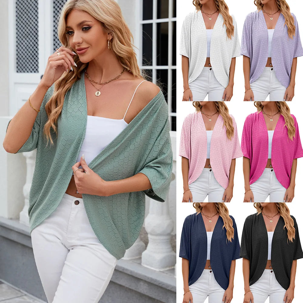 2024 New spring Summer Fashion Ladies Hollow Out Cardigan solid color circle short-sleeved casual loose top Women Outwear