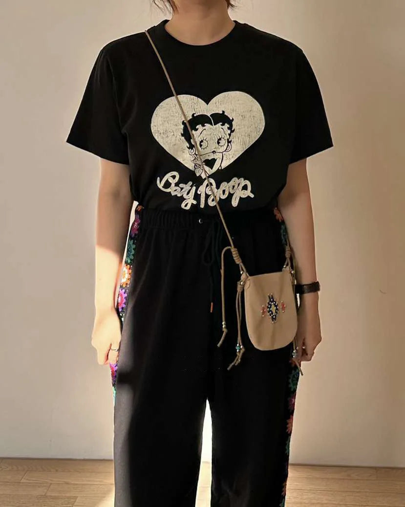 2023 Summer Korean Style Cartoon Miss Betty Letter Love Printed Women T-shirts Streetwear Casual Loose Short Sleeve Tops Tees