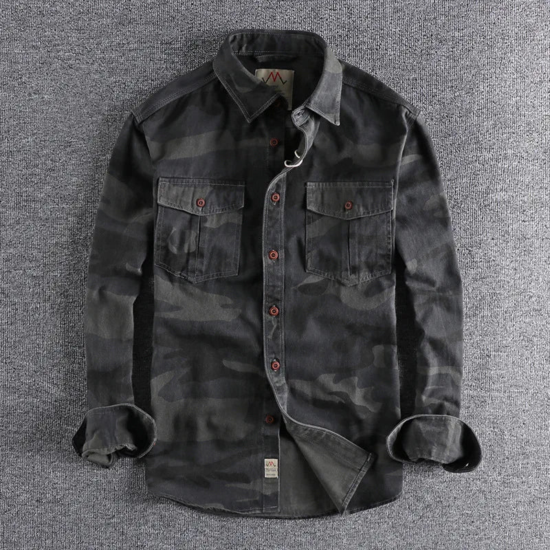 Washed Cotton Camouflage Cargo Shirts Men Durable Outdoor Hiking Long Sleeve Shirts Male Sport Casual Outwear Camicia