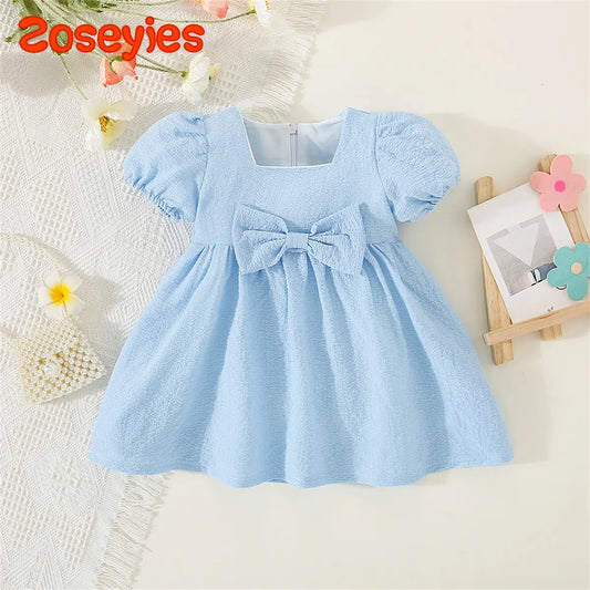 Summer Baby Girl'S Dress Solid Color Round Neck Bow For Ladies Daily Wear Knee Length