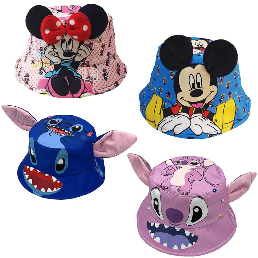 Disney Kawaii Big Ears Stitch Lilo Children's Fisherman Hat Cute Mickey Mouse Minnie Cartoon Printing Sun Hat Size 56CM For Kid