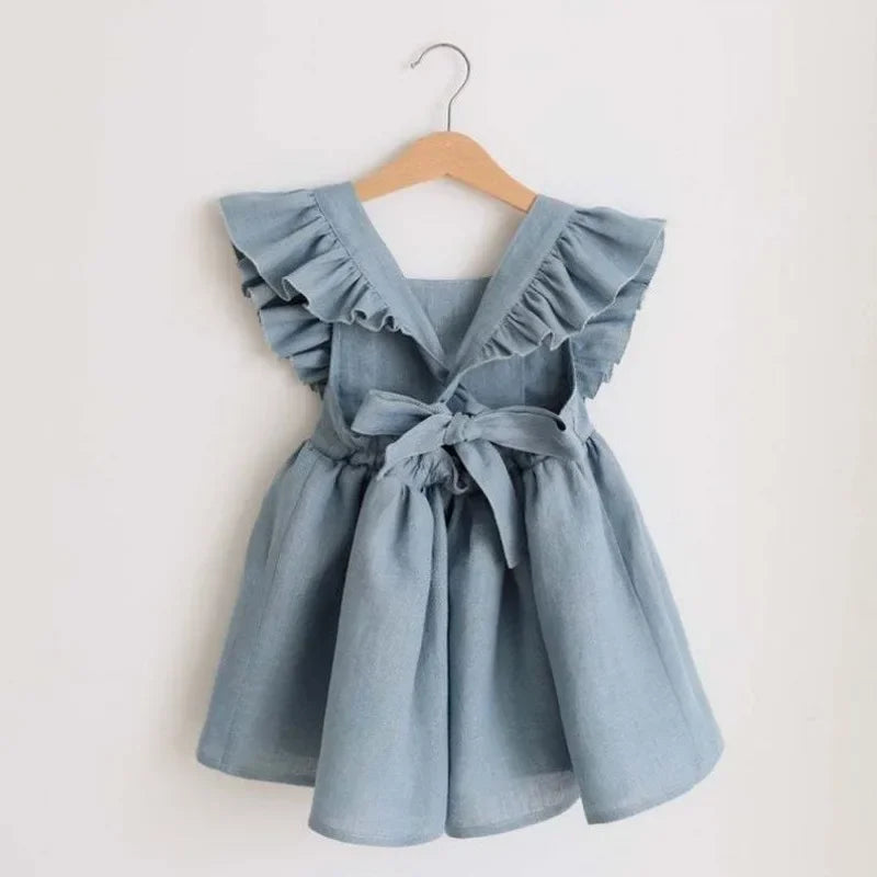 Summer Toddler Girl Dress Solid Backless Ruffles Baby Dress Infant Dress 100% Cotton Sister Clothes