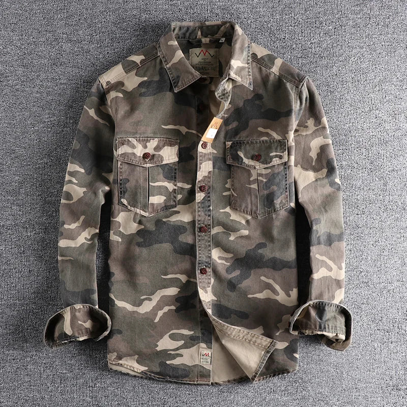 Washed Cotton Camouflage Cargo Shirts Men Durable Outdoor Hiking Long Sleeve Shirts Male Sport Casual Outwear Camicia