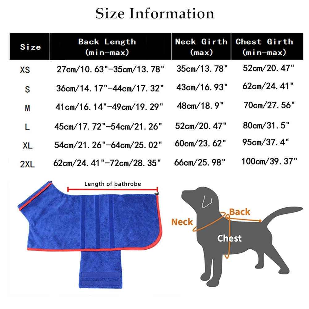 Dog Bathrobe Microfiber Quick Drying Coat Super Absorbent Luxurious Soft Pet Bath Towel Adjustable Warm Dog Bathing Supplies