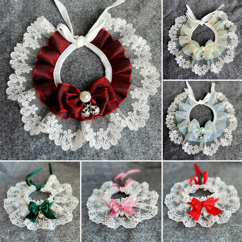 1PC Lace Bowknot Collar Cat Dog Neckerchief Pet Kitten Dog Puppy String Bib Necklace Necktie Neck Strap Mesh Embroidery Scarf