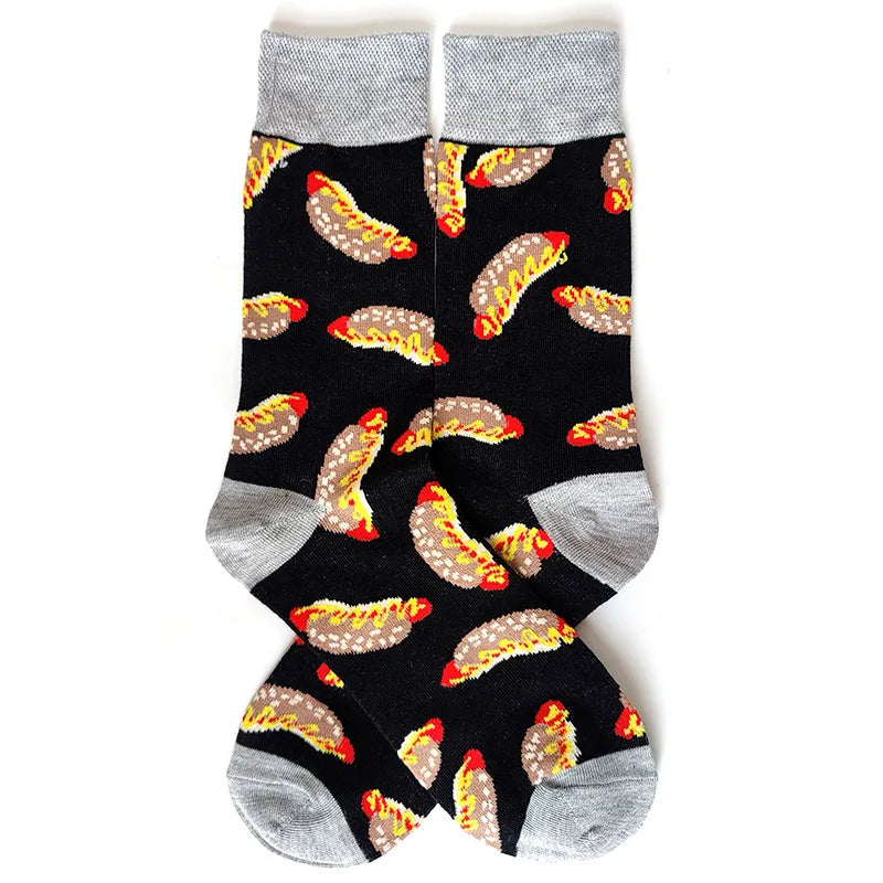 Men Series Cotton Crew Socks Funny Daily Happy Cartoon Rocket burger food Men's Long Skateboard Socks EU 37-42