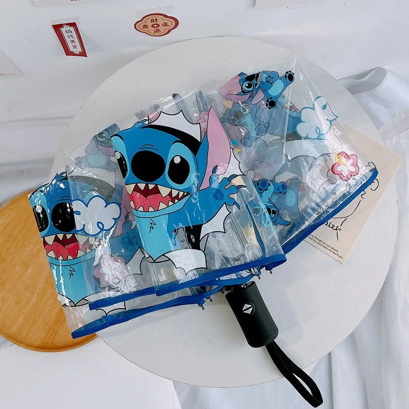 Disney Anime Lilo & Stitch Cartoon Stitch Automatic Transparent Umbrella Rain Shine UV Protection Tri-Fold Portable Sunshade