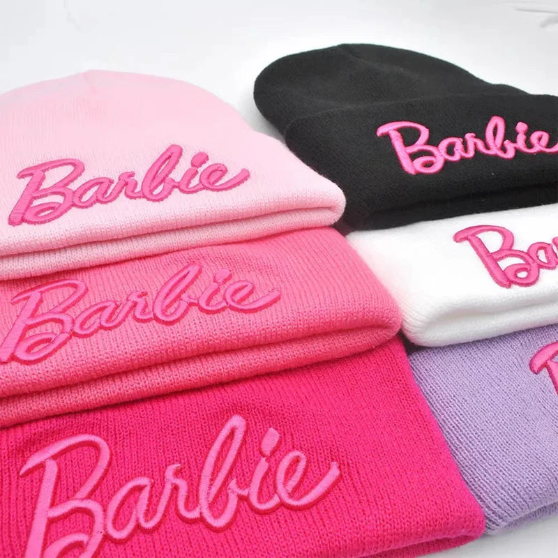 Barbie Knitted Hat Woolen Kawaii Y2K Woolen Hat Female Soft Warm Elastic Hiphop Cap Girl Leisure Beanie Hats Kids Adults Gifts