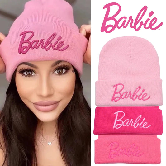 Barbie Knitted Hat Woolen Kawaii Y2K Woolen Hat Female Soft Warm Elastic Hiphop Cap Girl Leisure Beanie Hats Kids Adults Gifts