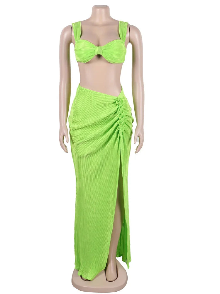 Beyprern Fashion Sleeveless Pleated Crop Top And Side Slit Skirt Set Chic Twist Front Resort Skirt Beach Suits Swimwear Clubwear