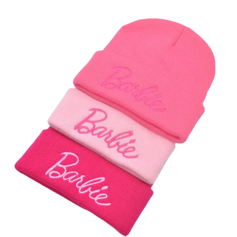 Barbie Knitted Hat Woolen Kawaii Y2K Woolen Hat Female Soft Warm Elastic Hiphop Cap Girl Leisure Beanie Hats Kids Adults Gifts