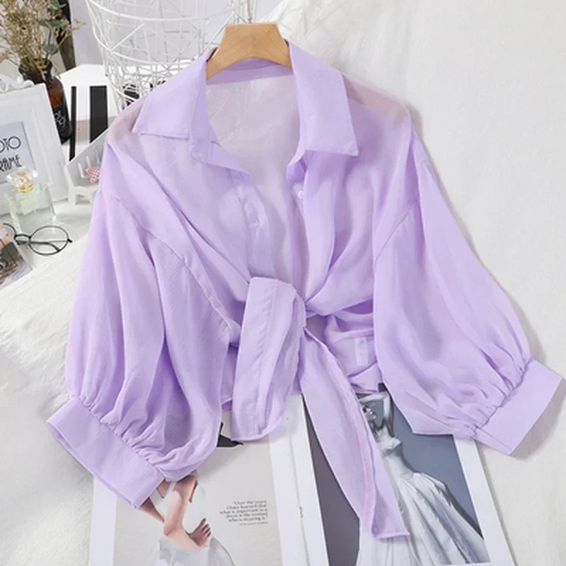 Casual Blouse Chiffon Shirts Women Tied Waist New 2024 Summer Half Sleeve Buttoned Up Shirt Loose Elegant Blouses for Women 9494