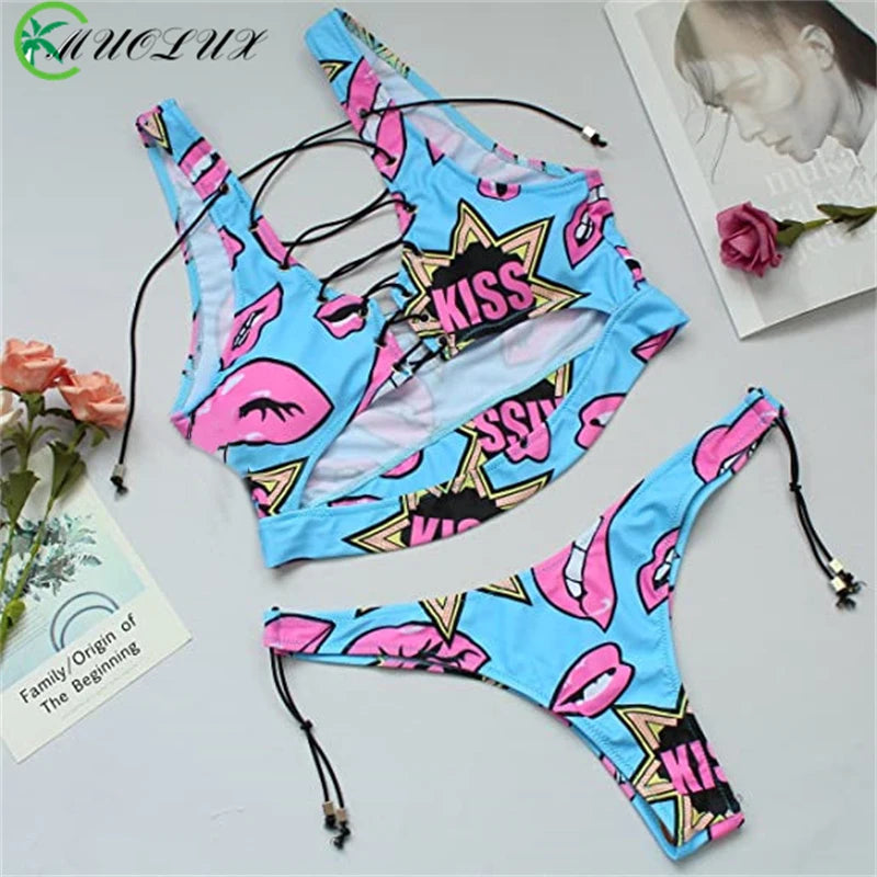 Bikini 2024 Tankini Women Swimsuit Sexy Bandeau Push Up New African Print Thong Lace Up Swimwear Biquini Bathing Suit Brazilian