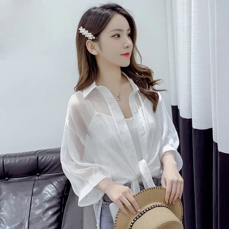 Casual Blouse Chiffon Shirts Women Tied Waist New 2024 Summer Half Sleeve Buttoned Up Shirt Loose Elegant Blouses for Women 9494