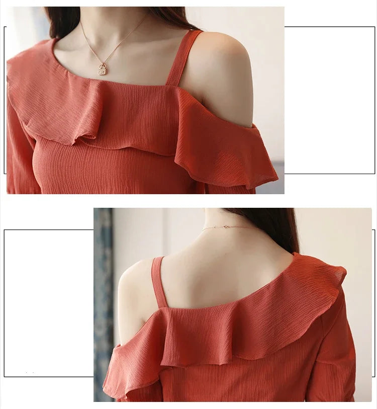 Blusas Mujer De Moda 2023 Summer Women Blouses Short Sleeve Chiffon Blouse Off Shoulder Blouse Tops Womens Tops And Blouses B381